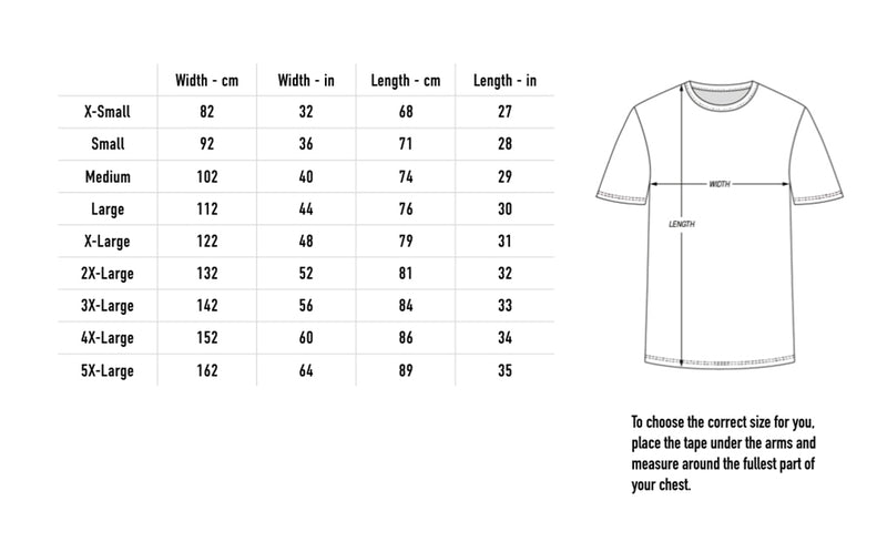 Size chart for MBV Tee - Black
