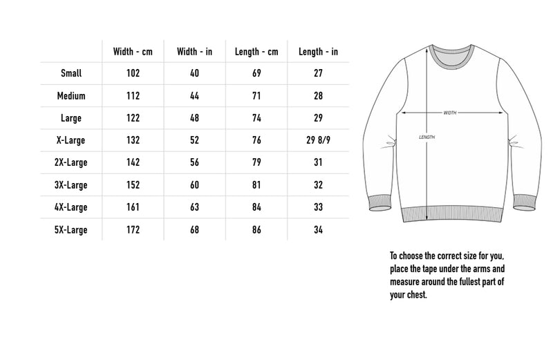 Size chart for Be Nothing Crewneck & CD Bundle